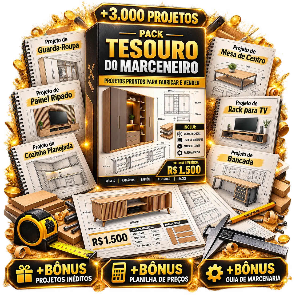 Mockup do Pack Tesouro do Marceneiro com mais de 3000 projetos e bônus
